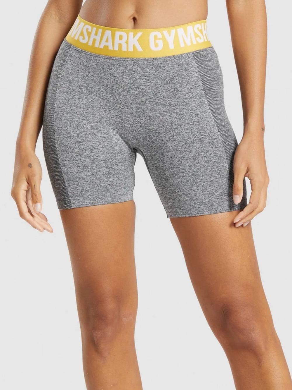 Gymshark Gray Seamless Flex Shorts with Yellow Logo Waistband
